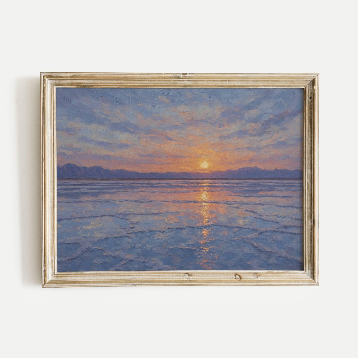 Salt Flats Mirror Sunset Distant Mountains Serene Oil Painting Poster