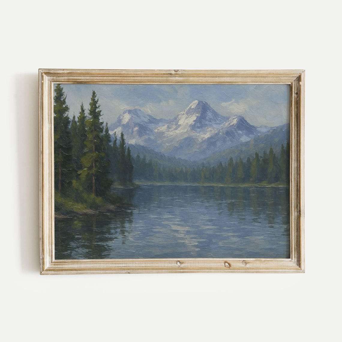 Snow Capped Mountain Peaks Reflected In A Still Pine Lake Oil Poster