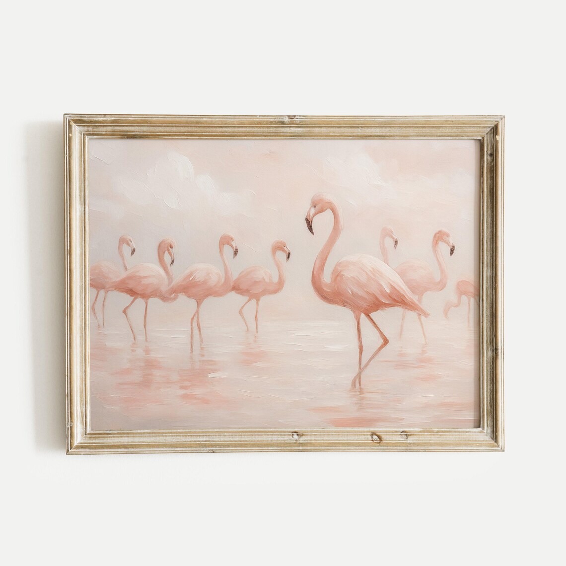 Pink Flamingos Wading in Shallow Water Soft Pastel Oil Painting Poster