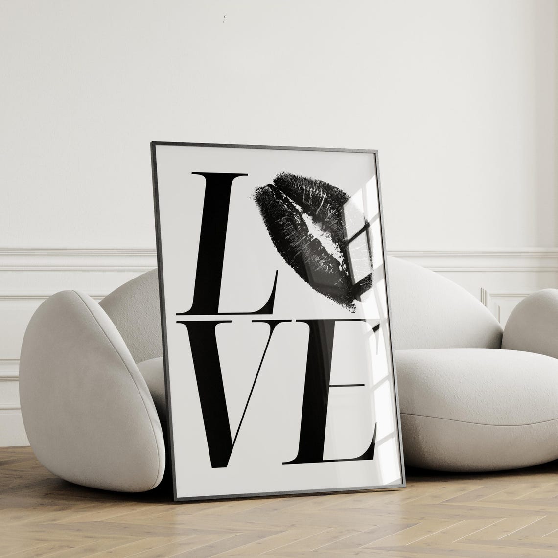 Love Typography Black White Lipstick Kiss Mark Minimal Poster