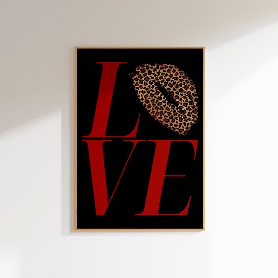 Love Typography Print Leopard Poster Bedroom Wall Decor Lipstick Kiss Art Funky Apartment