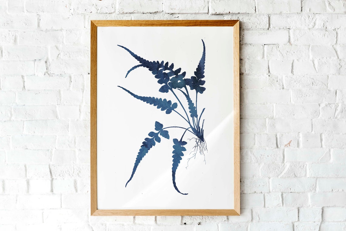 Indigo Blue Fern Spray Roots Botanical Minimalist Watercolor Poster - Image 3