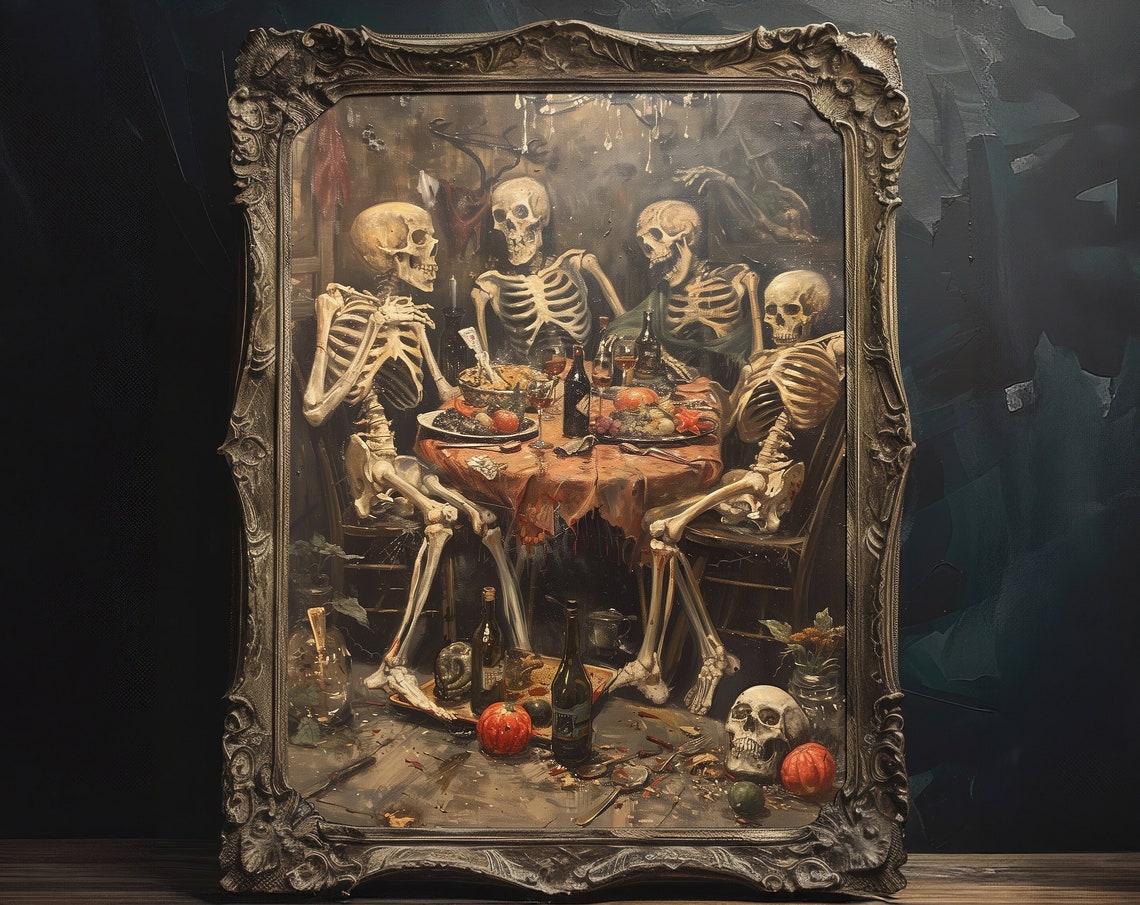 Skeleton Dinner Party Candlelit Table Dark Surreal Oil Poster