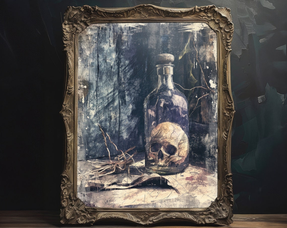 Skull In Potion Bottle Dark Magic Painting Witchcore Wall Decor Print