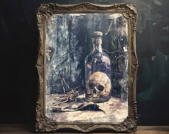 Skull In Potion Bottle Dark Magic Painting Witchcore Wall Decor Print