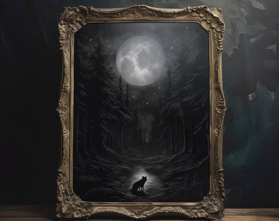 Moody Moonlit Night Landscape Wall Art Dark Cottagecore Aesthetic Wall Decor Etching Style Landscape Painting