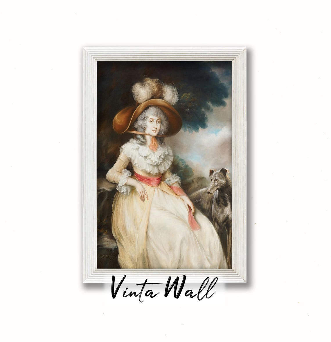 Portrait Young Lady Oil Painting Greyhound Rich Noble Woman Farmhouse Vintage Print Hat Dog Art Country Wall Antique Muted Colours - Image 3