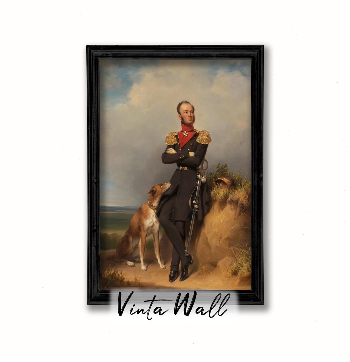 Portrait Man Oil Painting Greyhound Gentleman Farmhouse Vintage Print Dog Military Art Country Wall Antique Sword Beard Young - Image 2