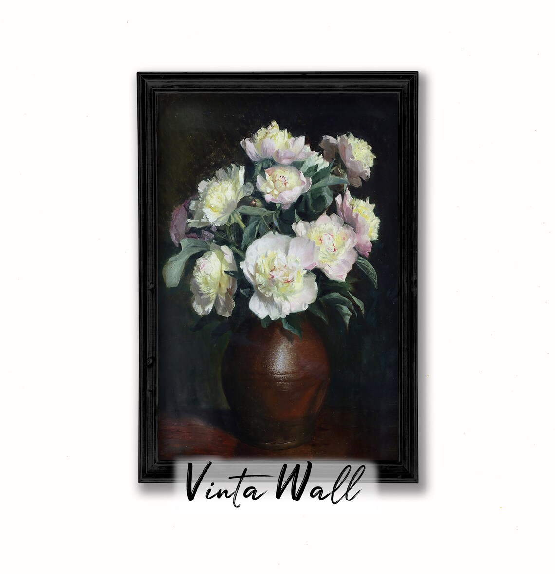 White Peonies in Brown Vase Vintage Floral Still Life Painting Poster - Image 2