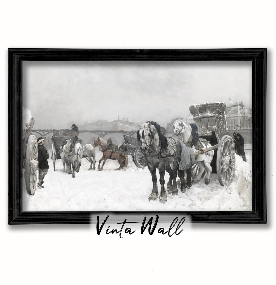 Snow Painting Winter Horse Square Carriage Gig Farmhouse White Print Art Holiday Home Wall Decor Village Christmas Black And White - Image 2