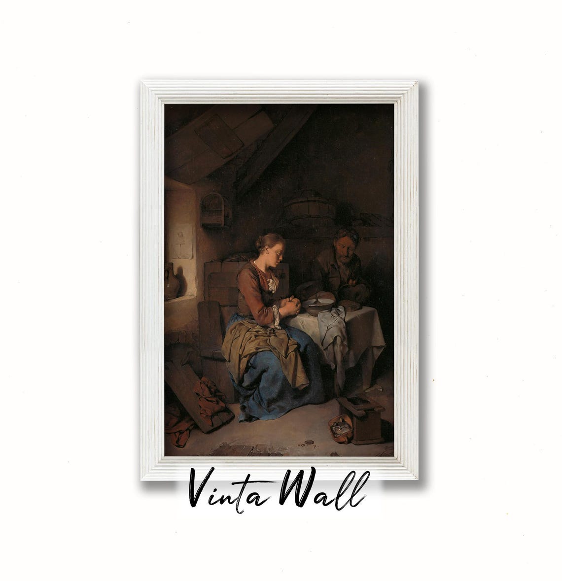 Portrait Woman Man Oil Painting Farmhouse Dark Academia Peasant Poor Interior Home Vintage Print Black Art Country Wall Antique - Image 3
