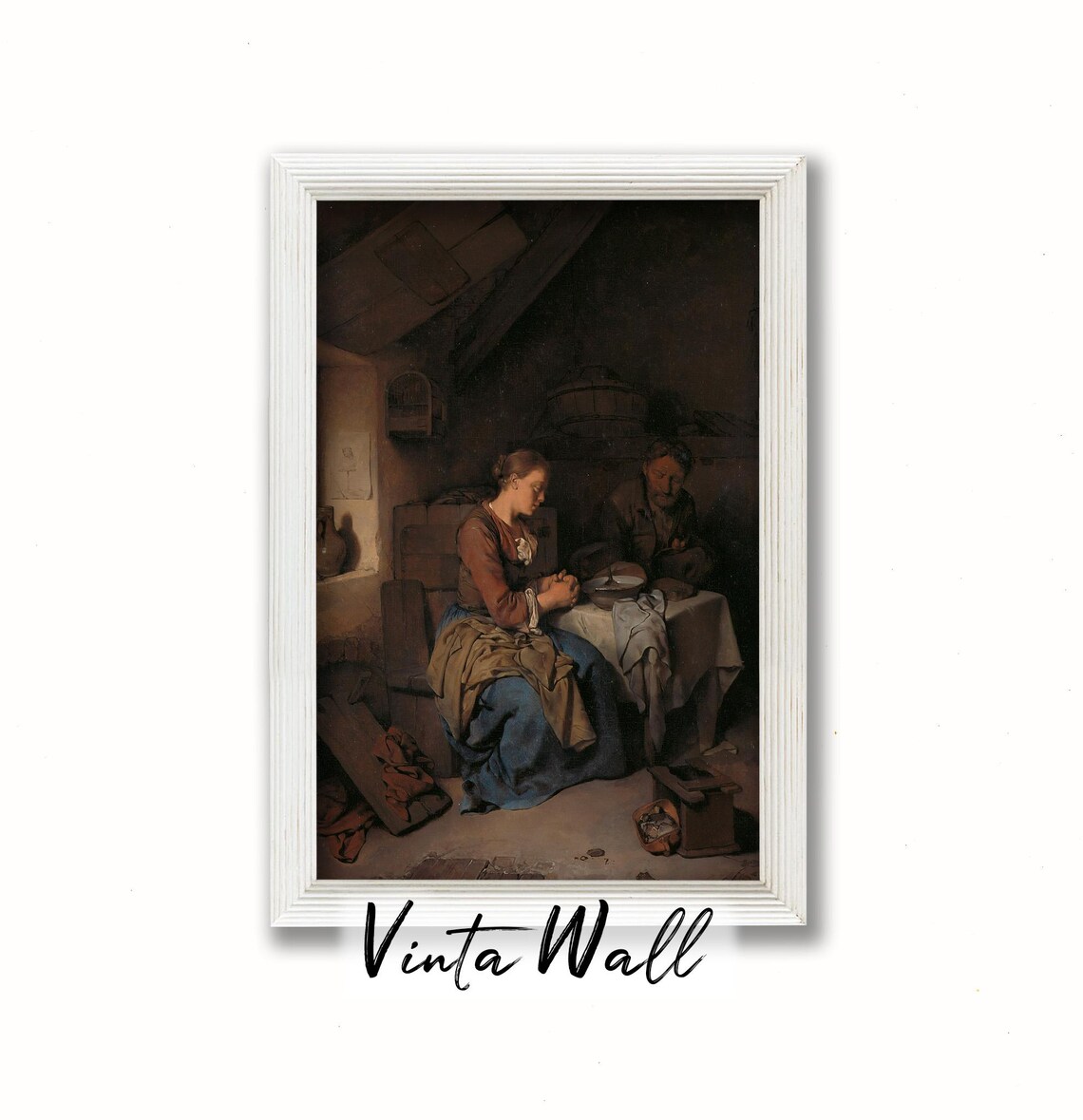 Woman Peeling Vegetables Cottage Interior Vintage Kitchen Scene Poster - Image 3