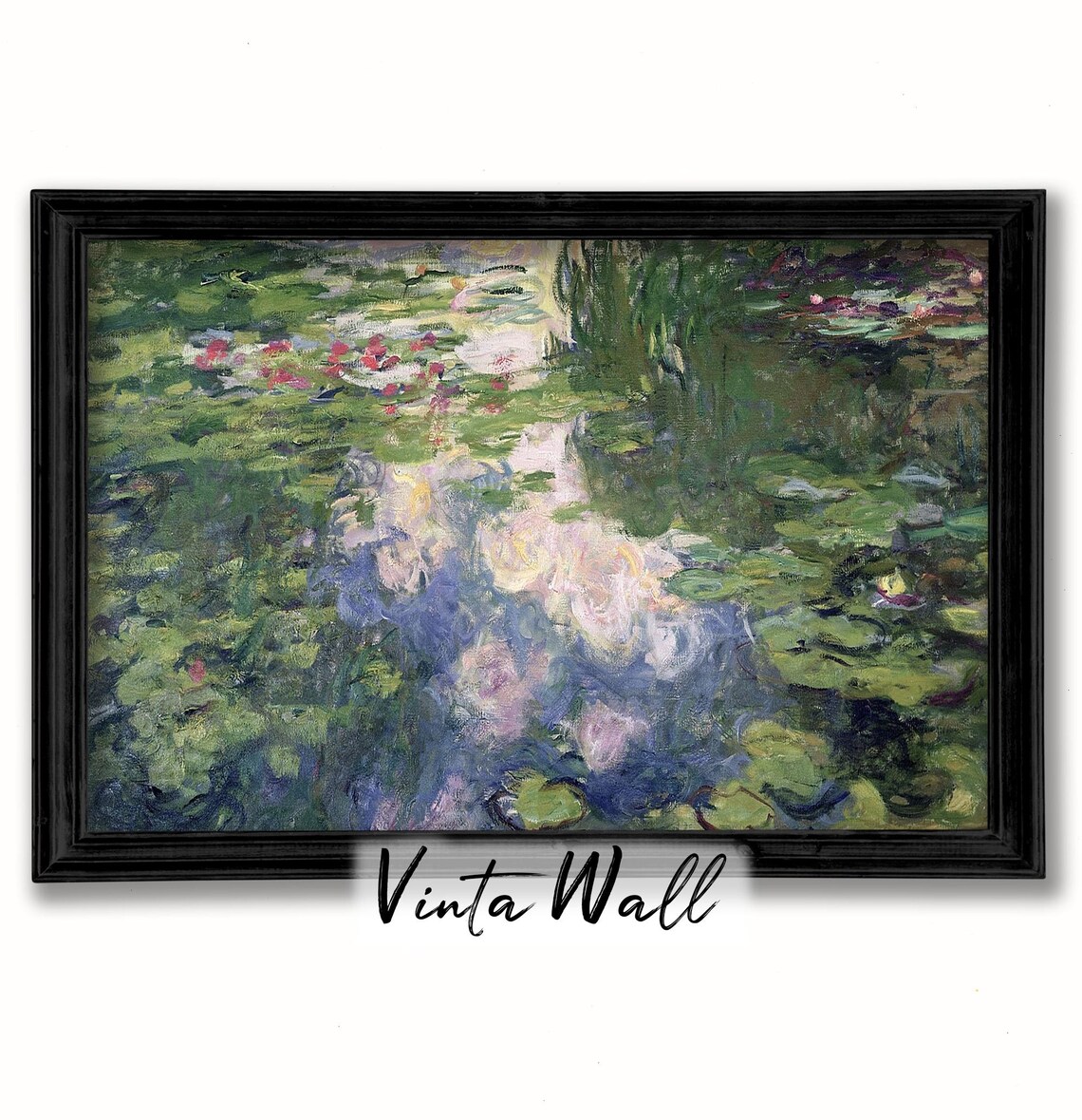 Oil Painting Lake Flower Water Lily Vintage Landscape Print Art Country Lake River Warm Tones Rustic Home Wall Decor Antique Green - Image 2