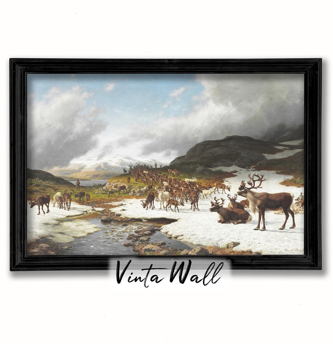 Reindeer Herd Snowy Mountain Stream Vintage Winter Wildlife Poster - Image 2