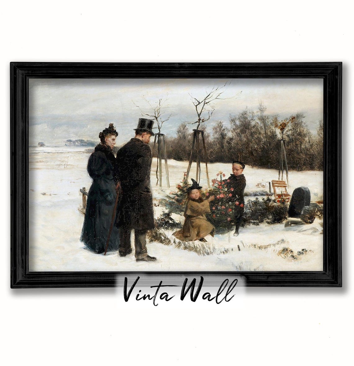 Family Decorating Christmas Tree Snowy Garden Vintage Scene Poster - Image 3