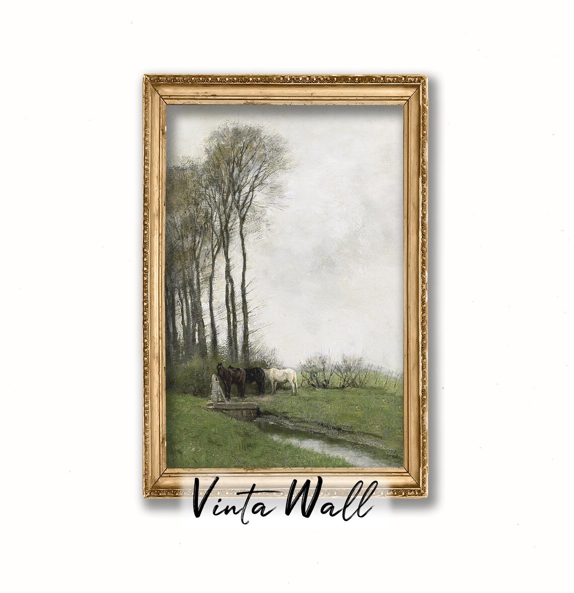Horses Watering Stream Tall Poplar Trees Vintage Pastoral Poster - Image 4