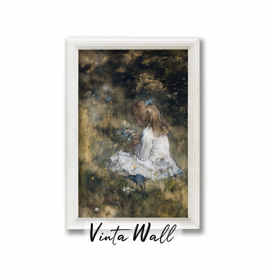 Portrait Young Girl Oil Painting Flower Meadow Grass Child Farmhouse Vintage Print Art Country Wall Antique Muted Colours Bow - Image 3