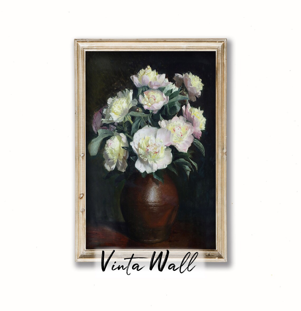 White Peonies in Brown Vase Vintage Floral Still Life Painting Poster