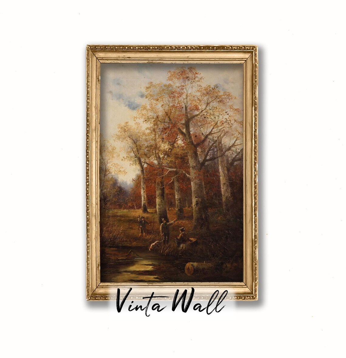 Golden Autumn Trees Beside Dark Stream Figures Resting Vintage Forest Poster - Image 2