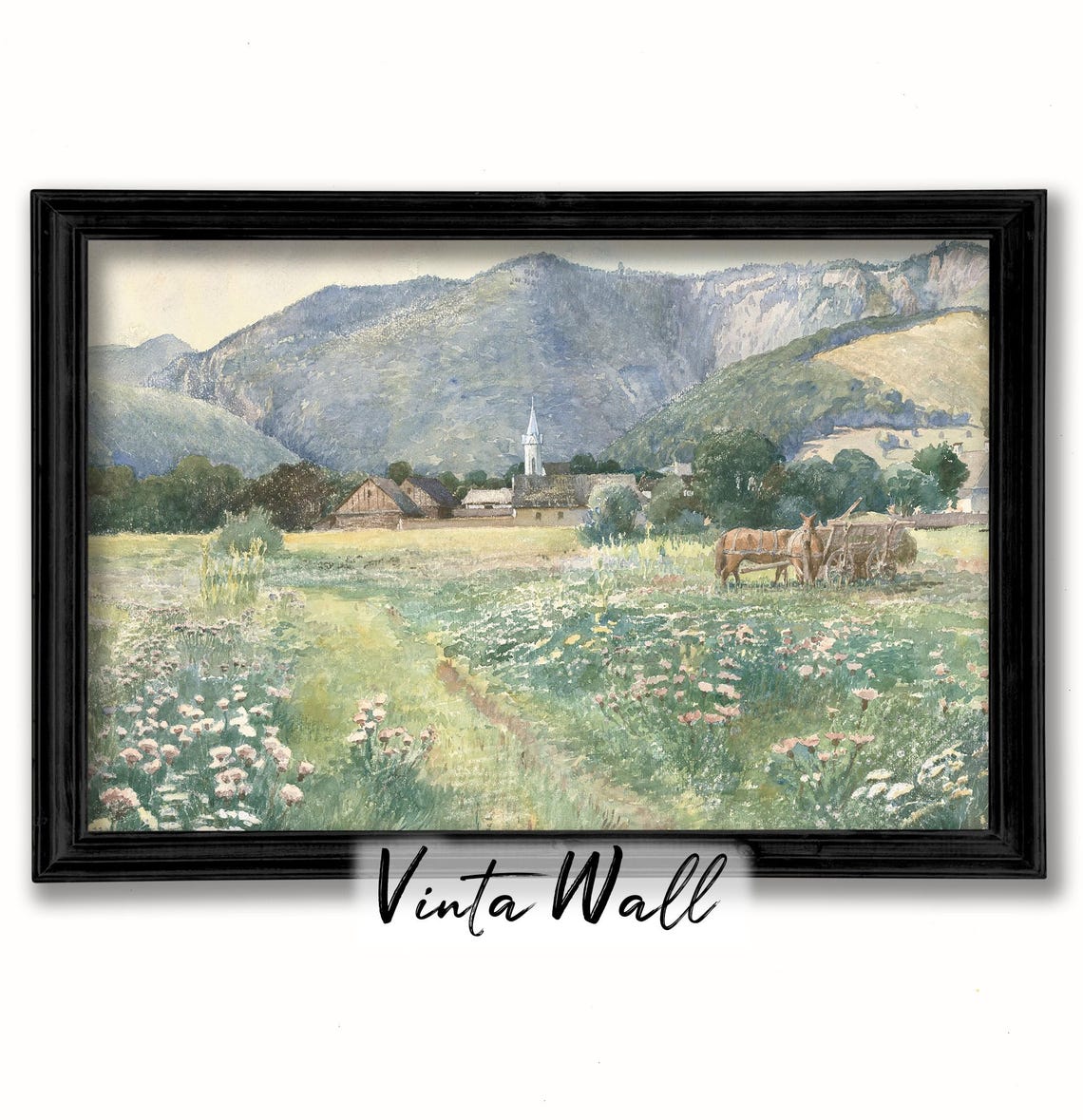 Flower Field Oil Painting Print Farmhouse Meadow Muted Colours Vintage Horse Art Village Church Warm Tones Home Wall Decor - Image 2