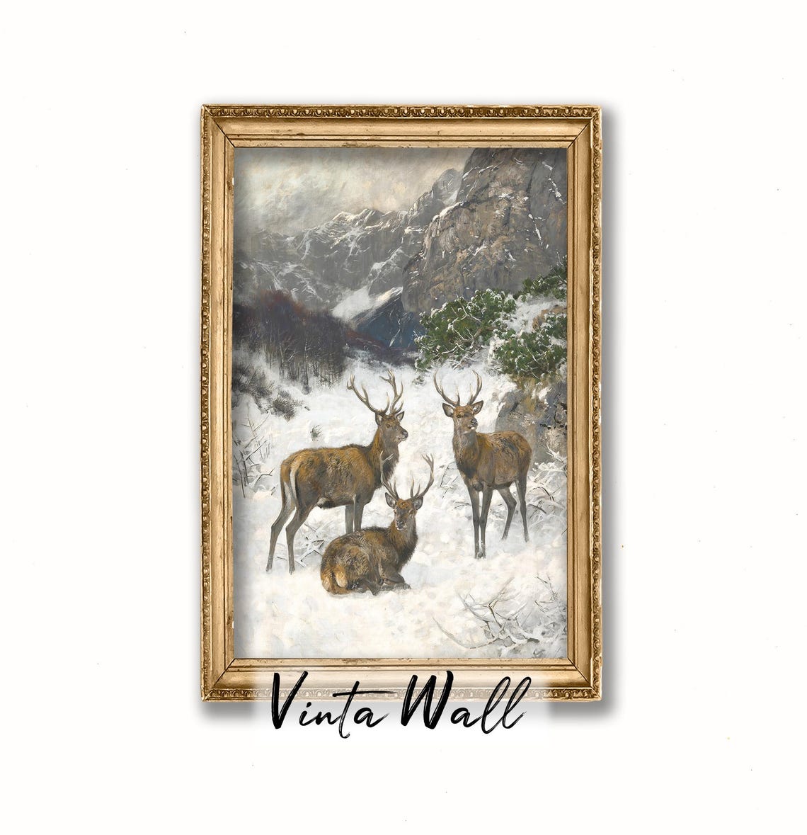 Red Deer Stags Snowy Mountain Vintage Wildlife Winter Art Poster - Image 4