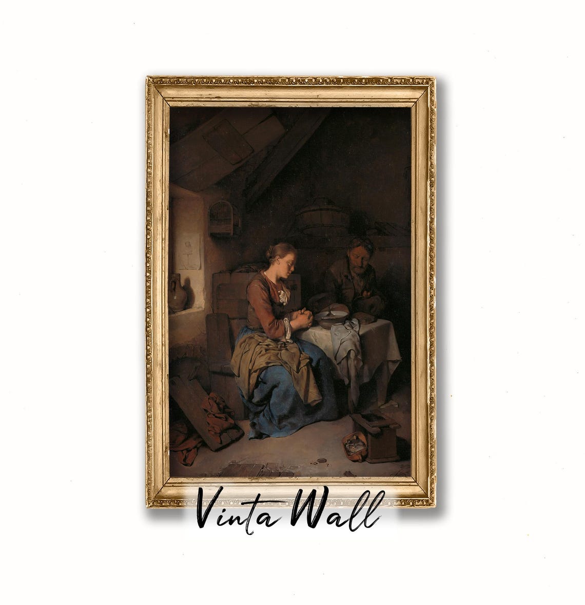 Portrait Woman Man Oil Painting Farmhouse Dark Academia Peasant Poor Interior Home Vintage Print Black Art Country Wall Antique - Image 4