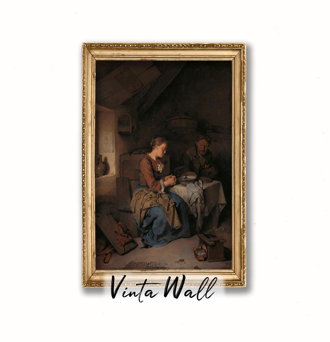Woman Peeling Vegetables Cottage Interior Vintage Kitchen Scene Poster - Image 4