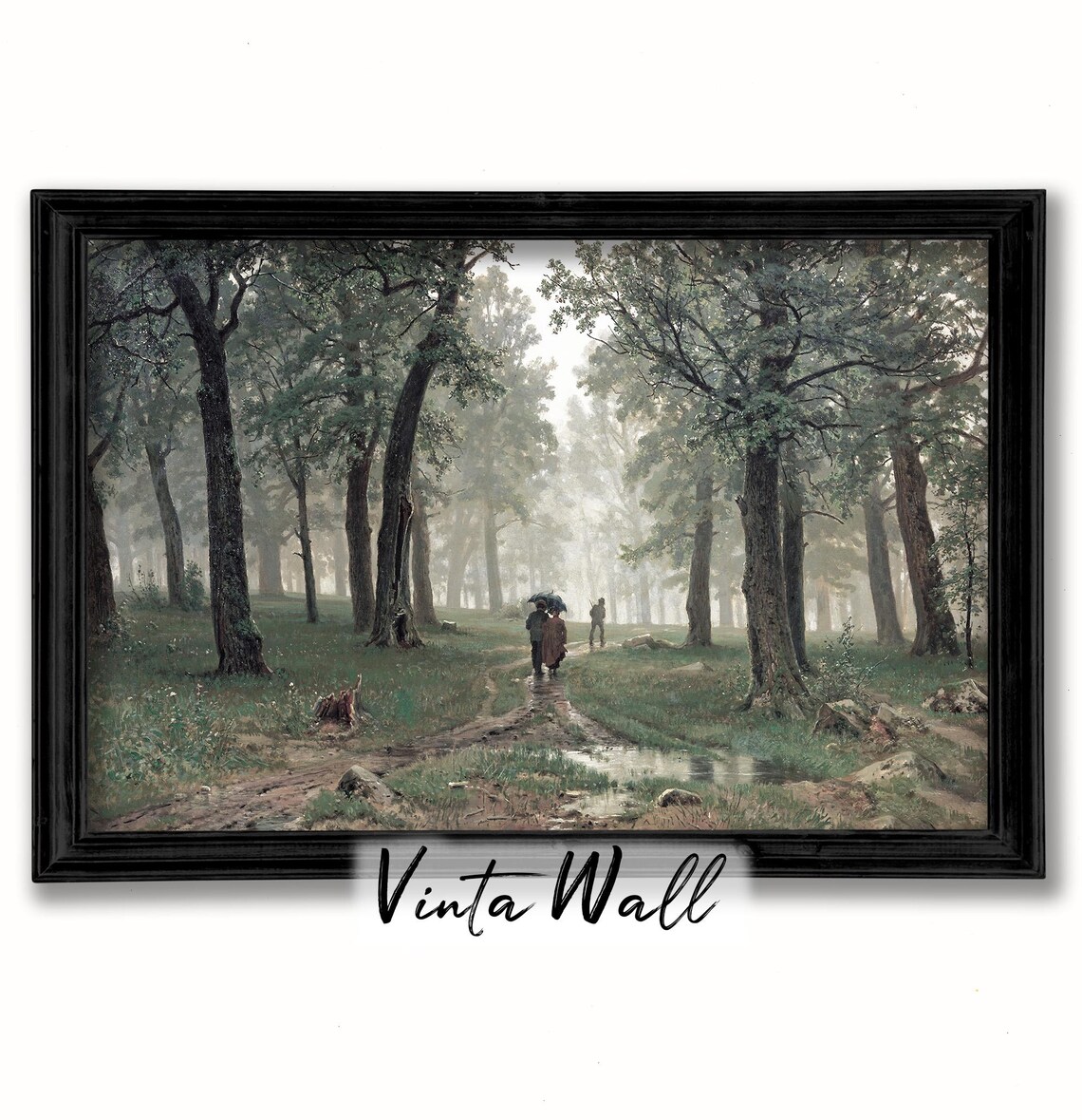 Misty Forest Path Umbrella Walkers Vintage Woodland Scene Poster - Image 4