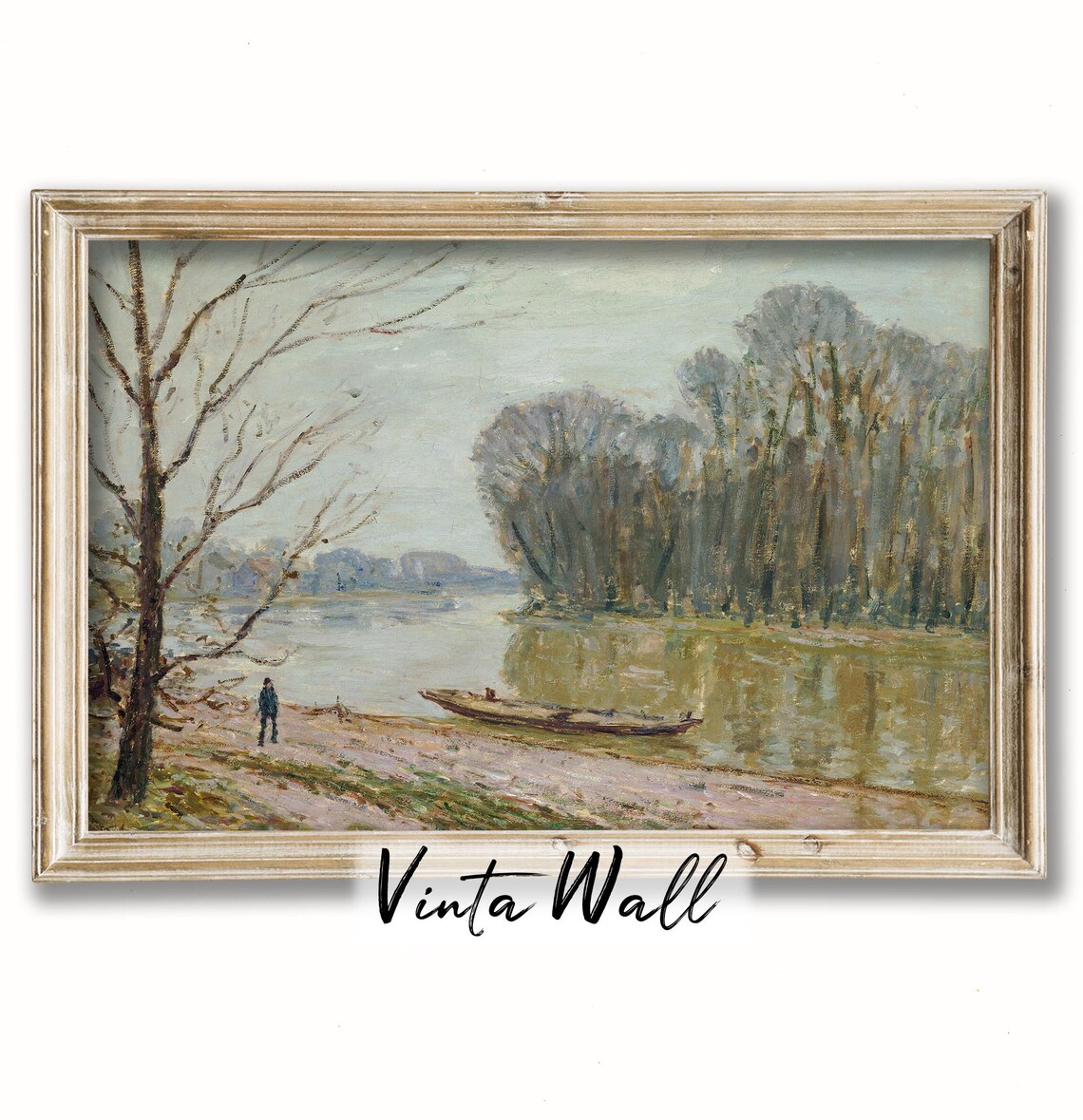 Lone Figure Walking Along Winter Riverbank Beached Boat Vintage Landscape Poster
