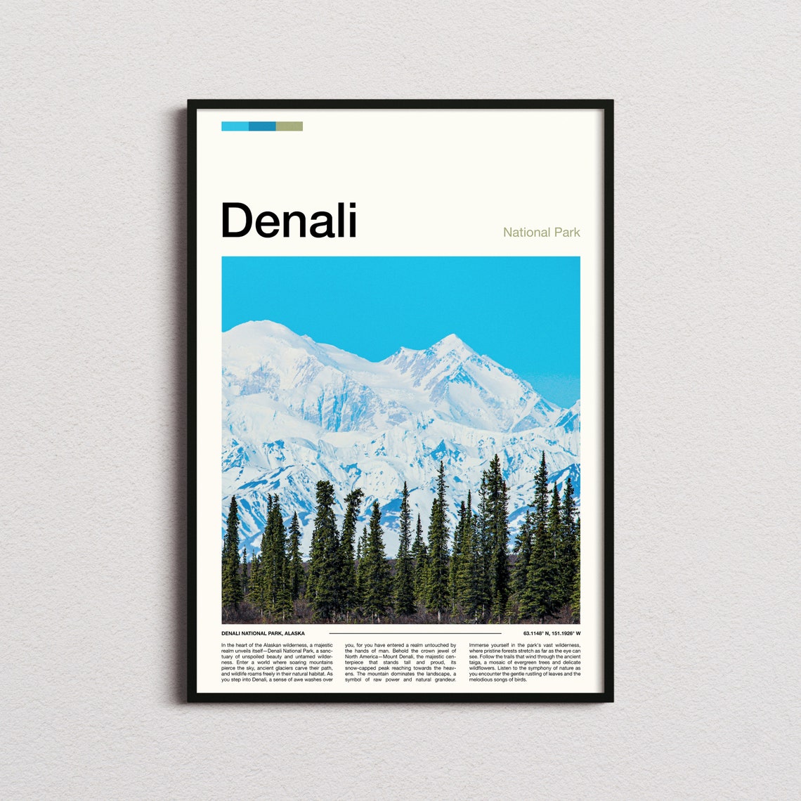 Denali National Park Alaska Snow Peak Pine Forest Travel Poster