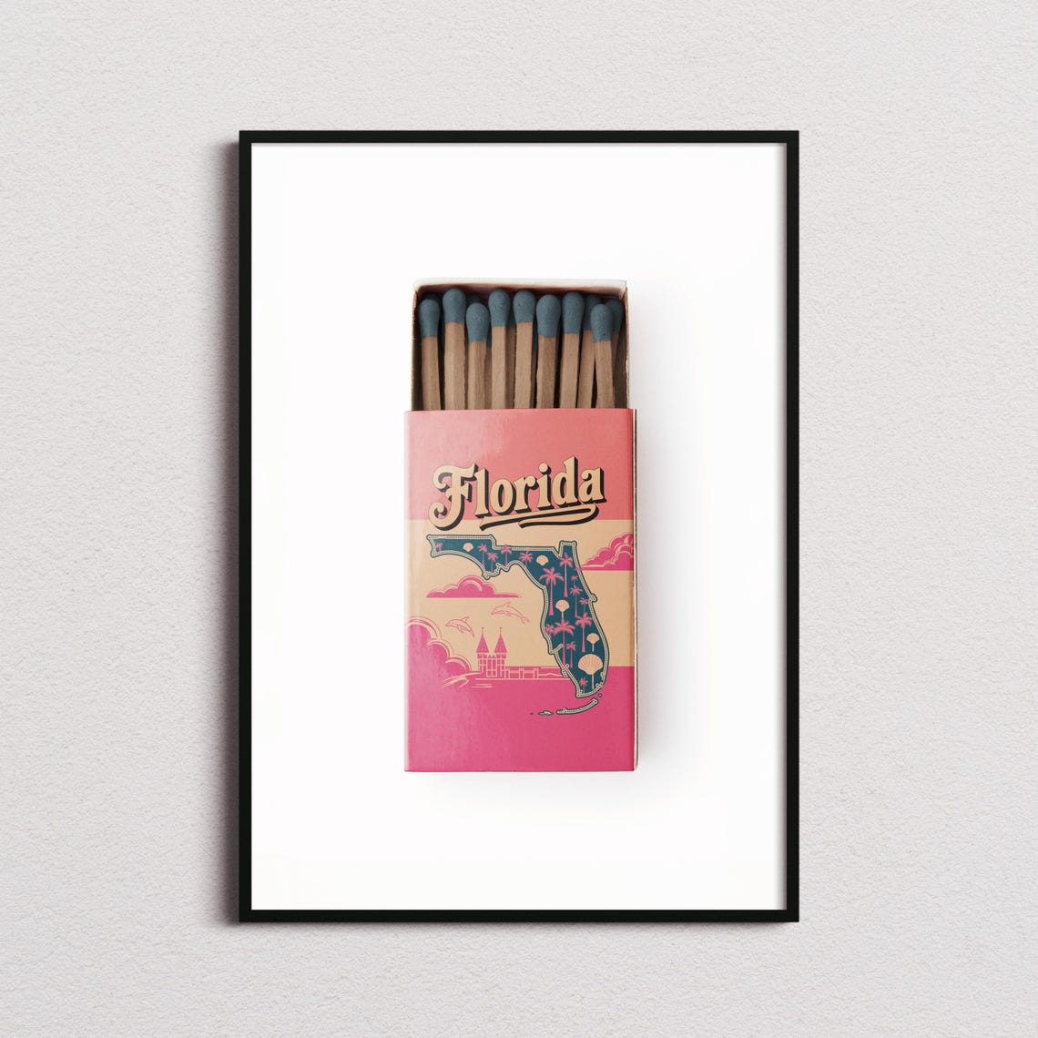 Florida Vintage Matchbox Style Palm Map Retro Art Travel Poster