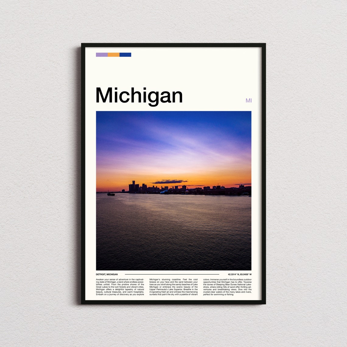 Michigan Detroit Skyline Sunset River Waterfront View Poster