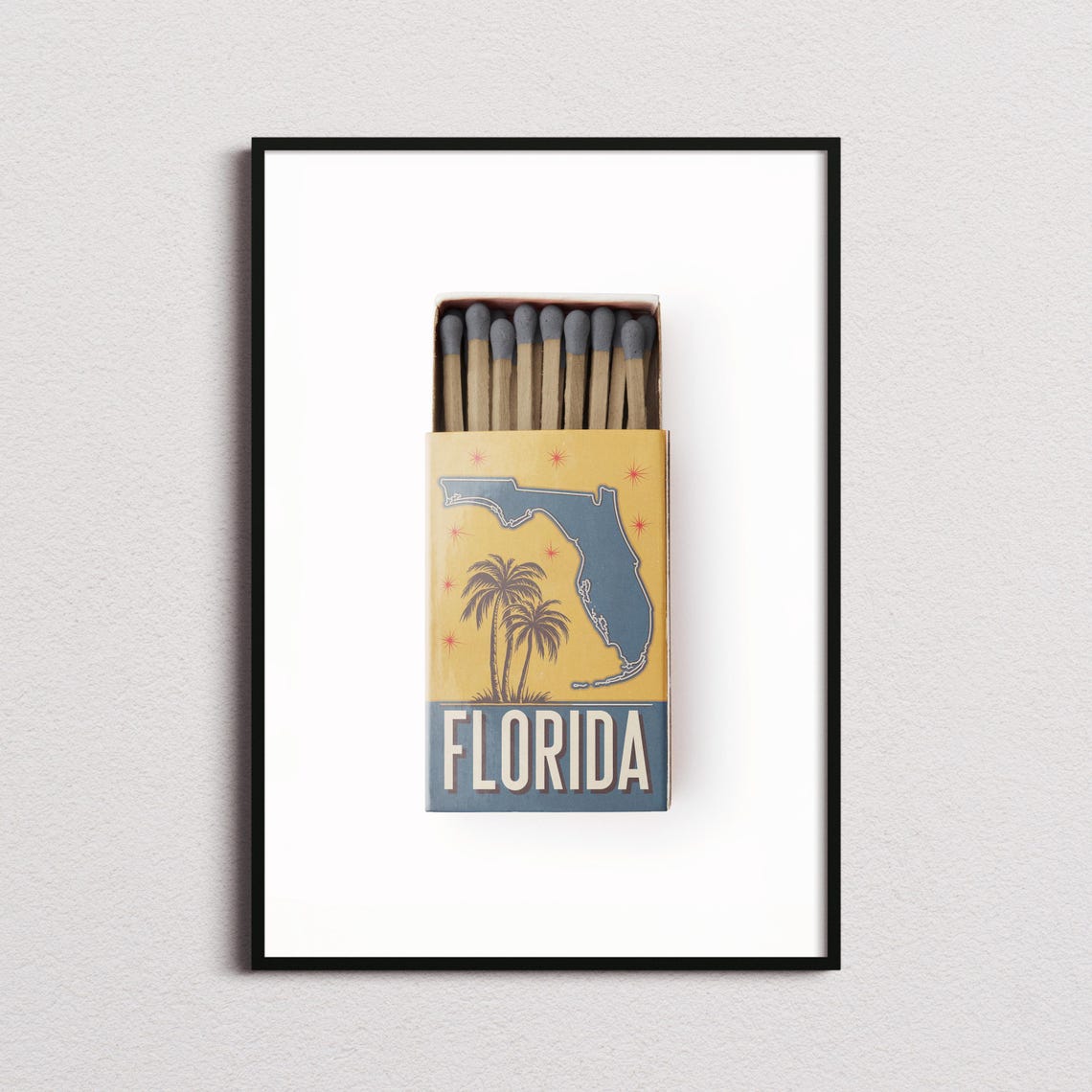 Florida Vintage Matchbox State Map Palm Trees Retro Travel Poster