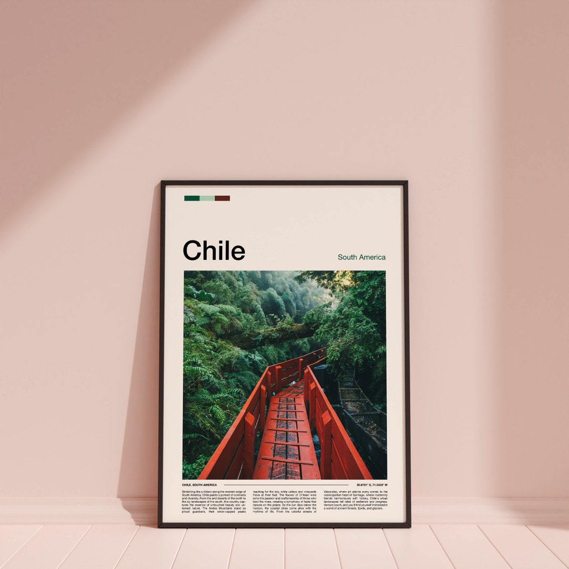 Chile Rainforest Red Wooden Bridge Lush Jungle Trail Travel Poster - Image 3