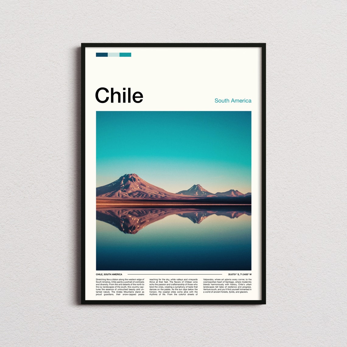 Chile Volcano Mirror Lake Reflection Andes Landscape Travel Poster