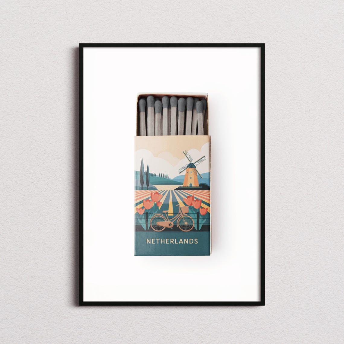 Netherlands Matchbox Windmill Tulips Bicycle Vintage Art Poster