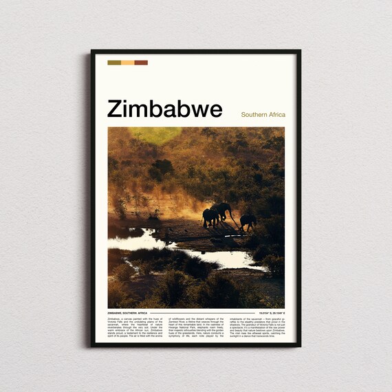 Zimbabwe Southern Africa Elephants Waterhole Golden Hour Poster