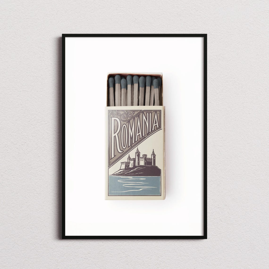 Romania Vintage Matchbox Style Art with Castle by the Water Poster