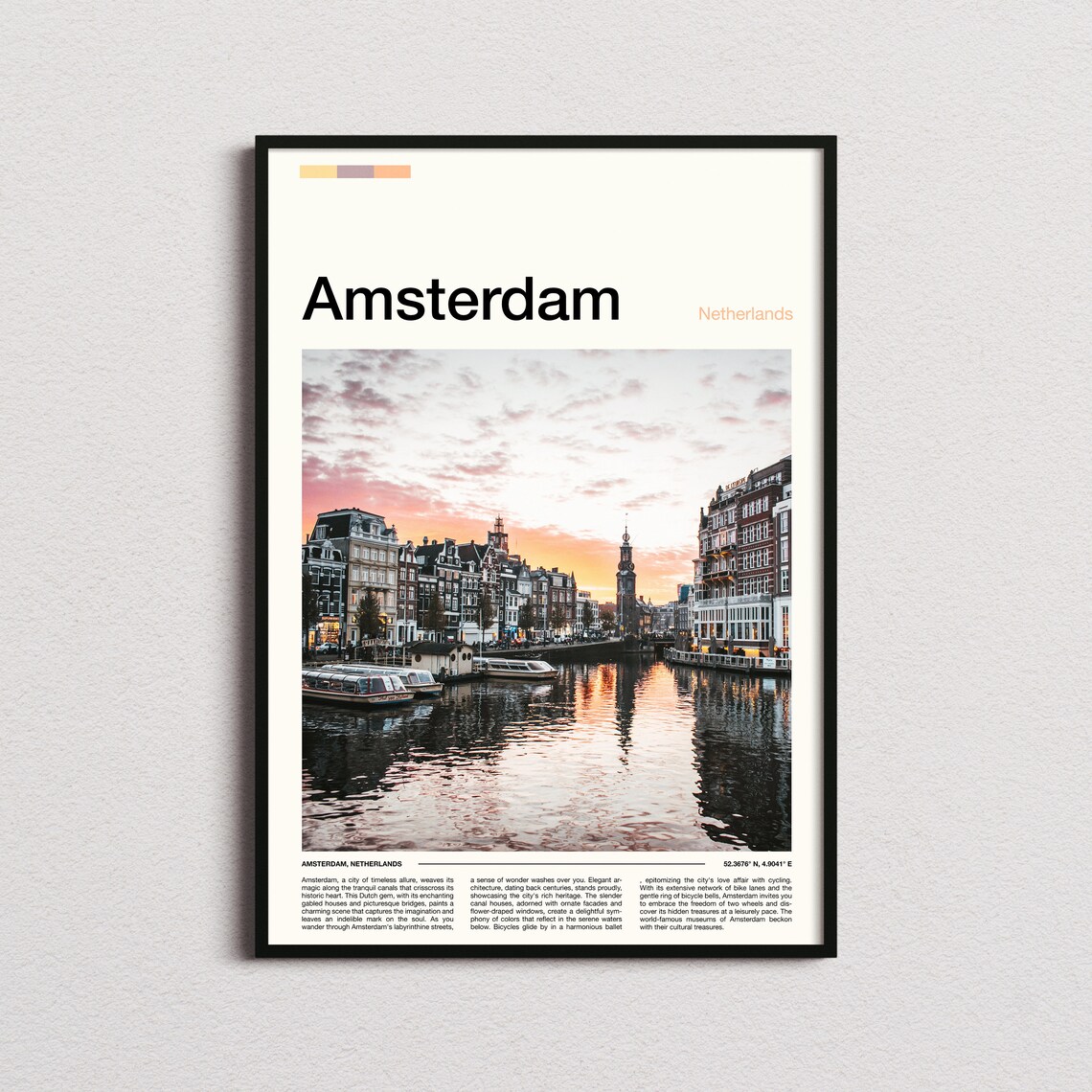 Amsterdam Netherlands Canal Sunset Gabled Houses Travel Poster