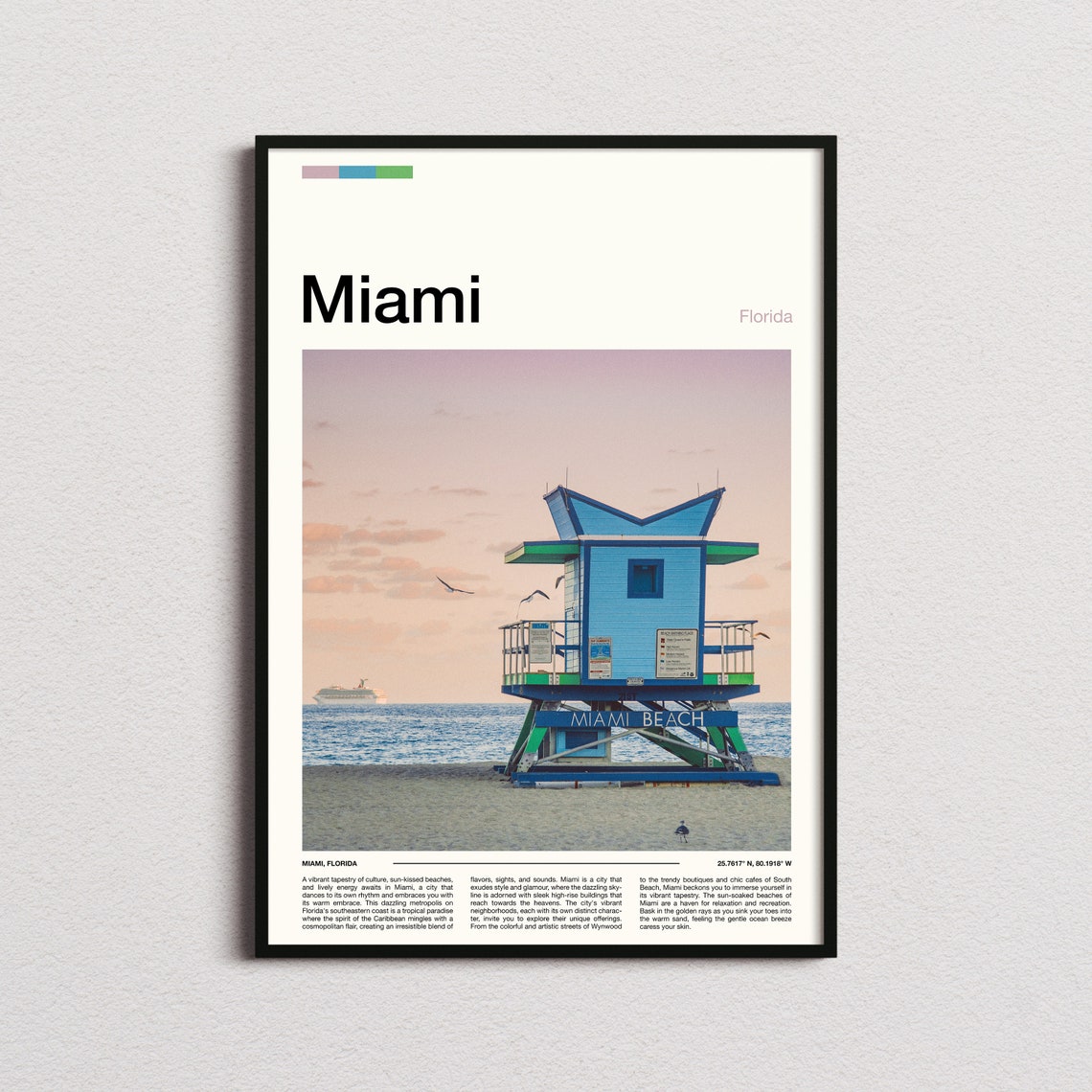 Miami Florida Beach Lifeguard Tower Pastel Sunset Travel Poster