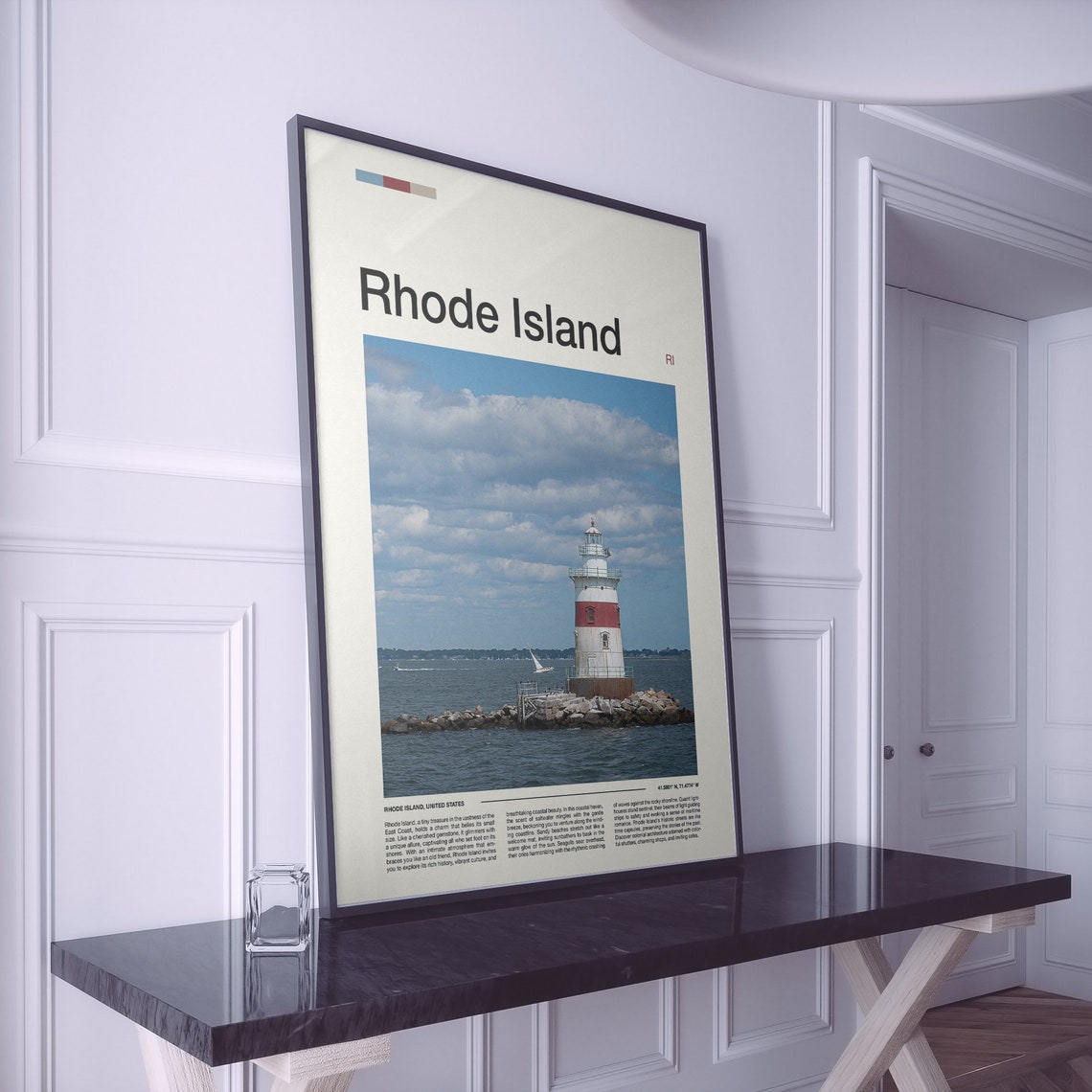 Rhode Island Red and White Lighthouse Harbor Blue Sky Coastal Poster - Image 2