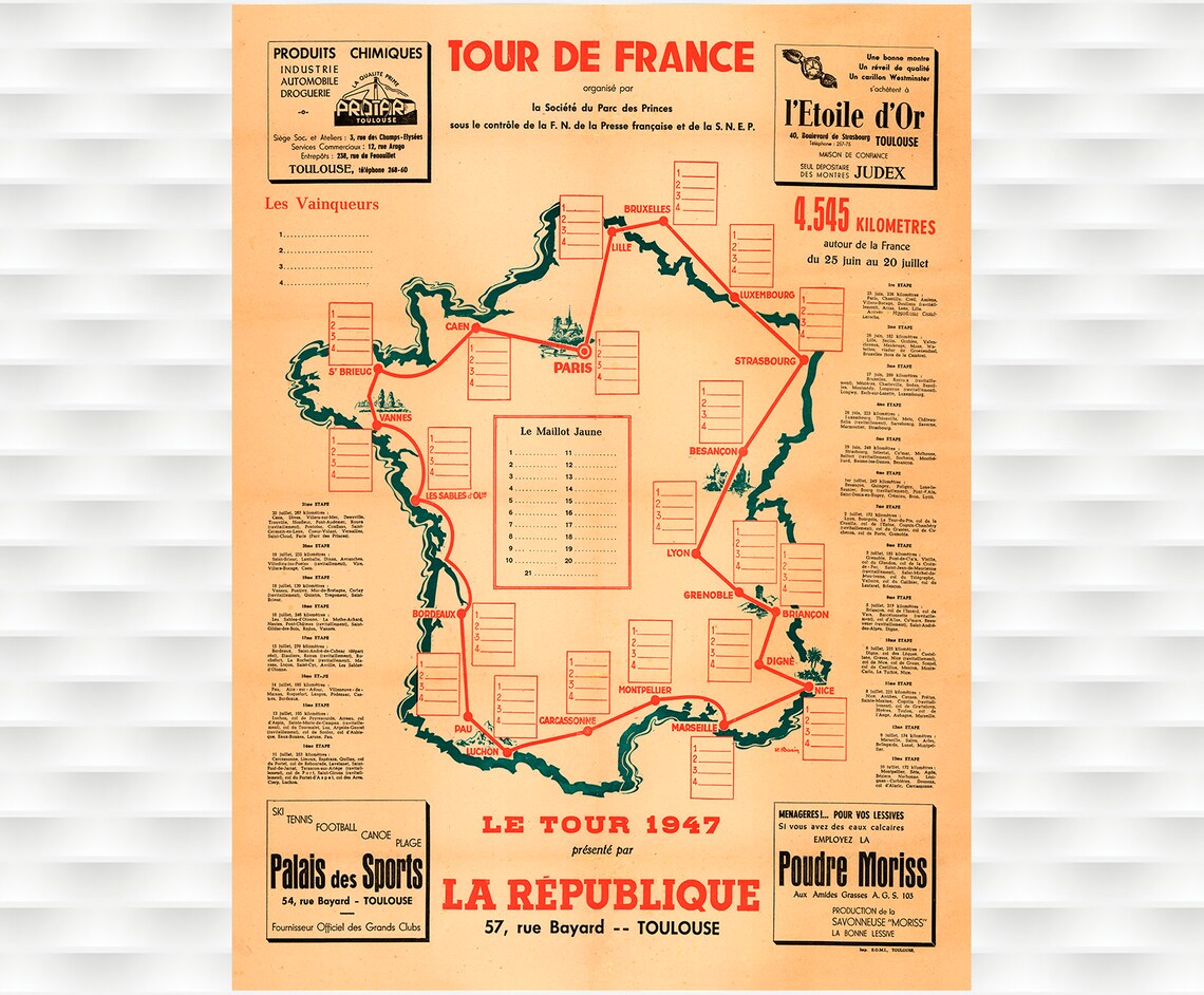 Tour de France 1947 Route Map Poster La Republique Toulouse Art