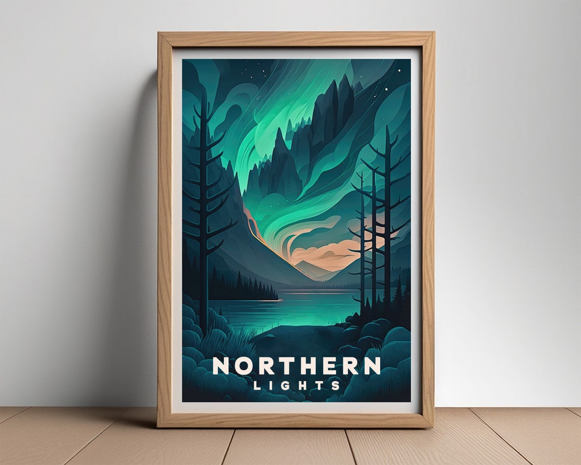 Northern Lights Aurora Mountain Lake Starry Night Sky Travel Poster - Image 3