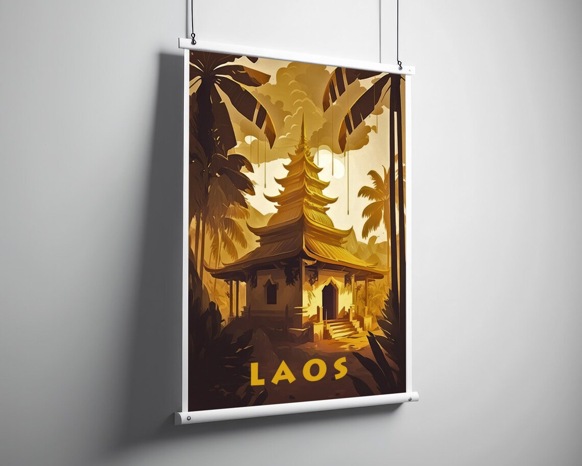 Laos Golden Pagoda Temple Jungle Palms Sepia Vintage Travel Poster - Image 3