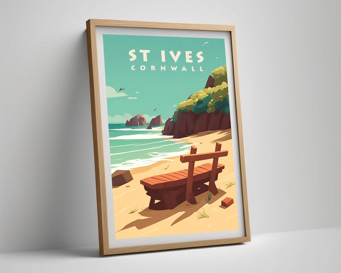 St Ives Cornwall Vintage Travel Poster Beach Bench Sea View Art - Image 5