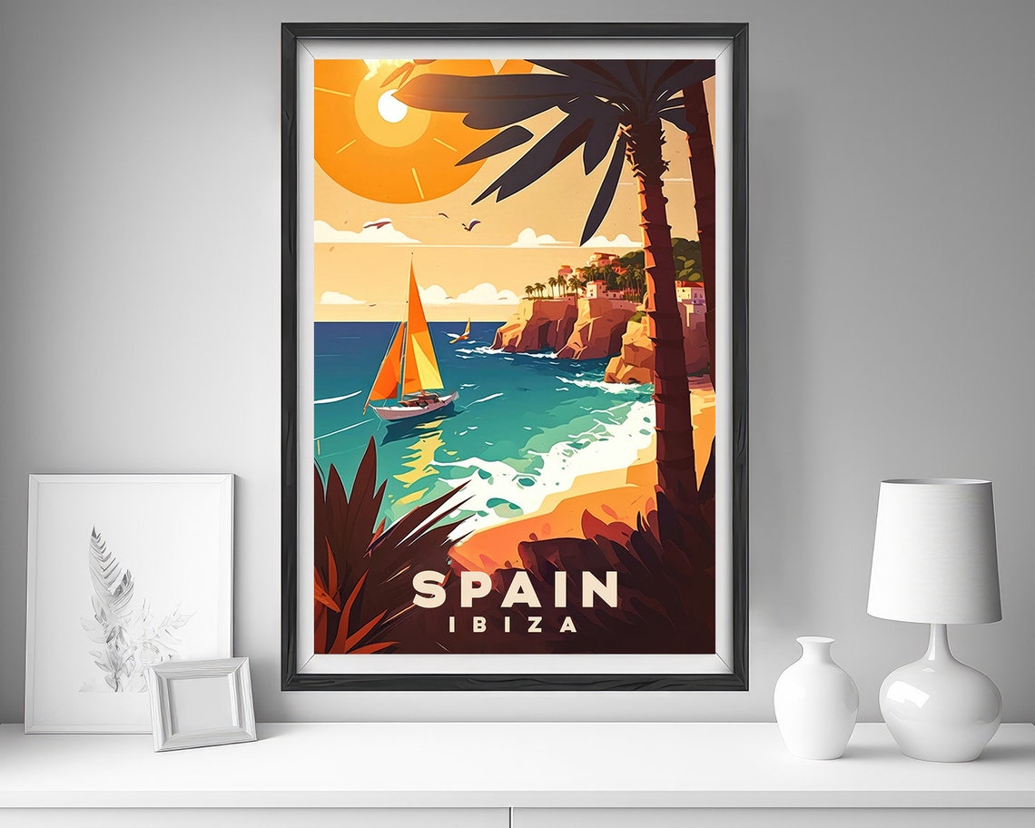 Ibiza Spain Sailboat Cliff Beach Sunset Vintage Travel Poster - Image 4