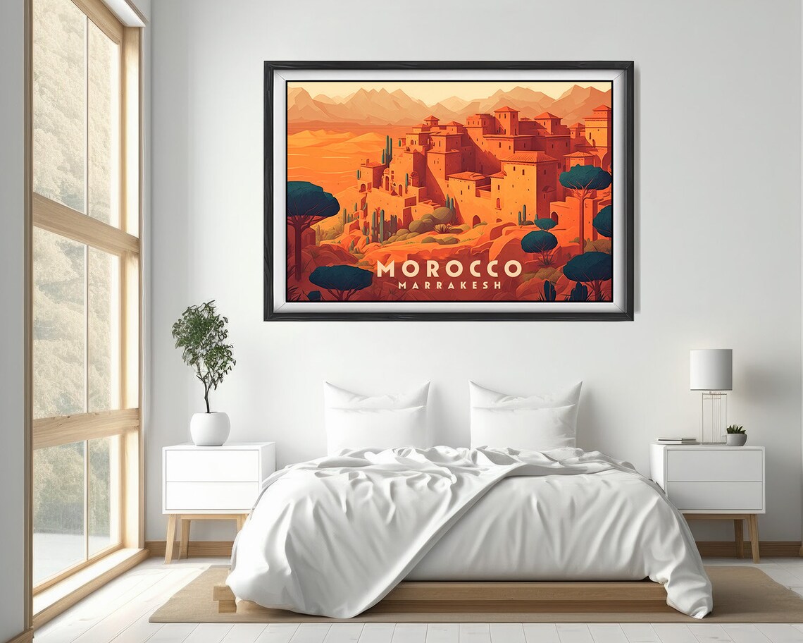 Morocco Marrakesh Vintage Travel Poster Red City Hillside Art - Image 4
