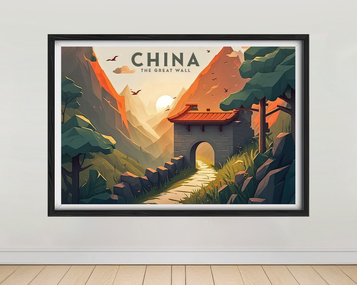 China Great Wall Watchtower Sunrise Vintage Travel Poster Mountains