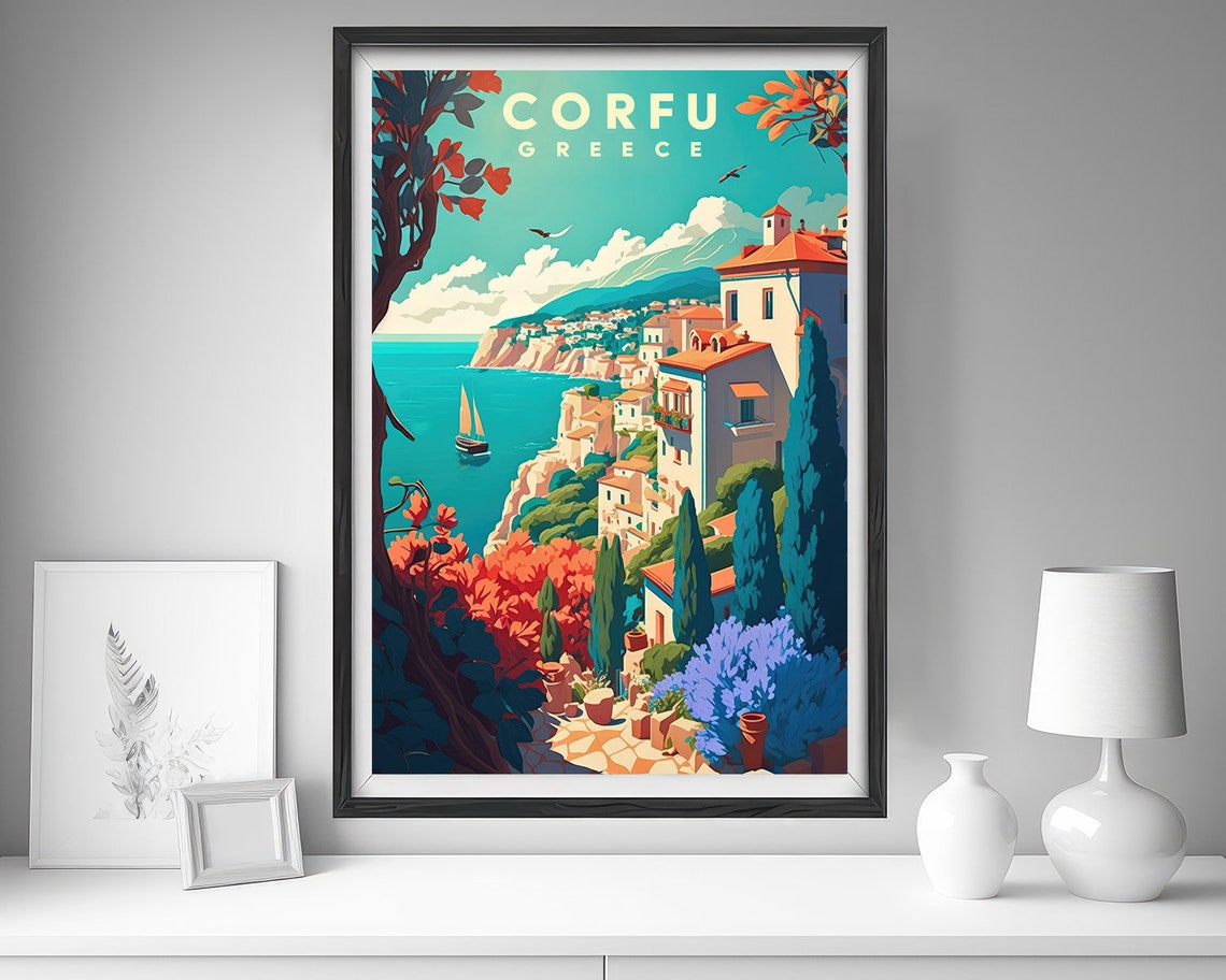 Corfu Greece Seaside Cliff Village Coastline Vintage Travel Poster - Image 4