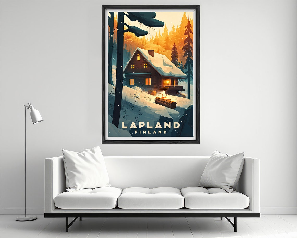 Lapland Finland Winter Travel Poster Snowy Cabin Sunset Glow - Image 2